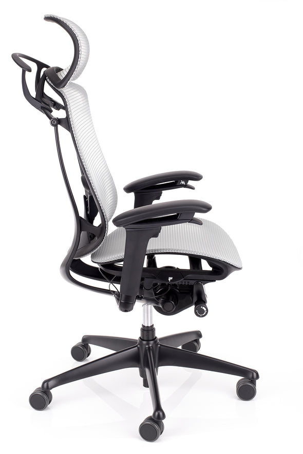 Nastavljiv stol contessa z vzglavnikom v mreži sive barve z 3D ročnimi opirali in ergonomsko oblikovano blazinico