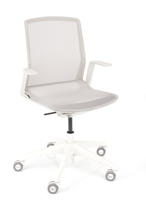 Kvalitetni delovni stol cynara v beli barvi z votlimi gumiranimi kolesi primernimi za občutljivo podlago
